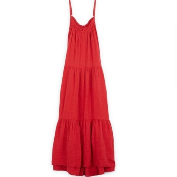Xirena Cara Red Cotton Gauze Tiered Spaghetti Strap Sleeveless Midi Dress Medium - Picture 6 of 16